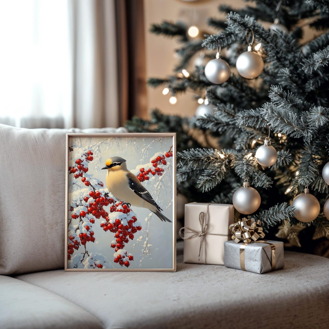 Bohemian Waxwing Resting On Snowy Branch With Red Berries Art Poster - Image 5