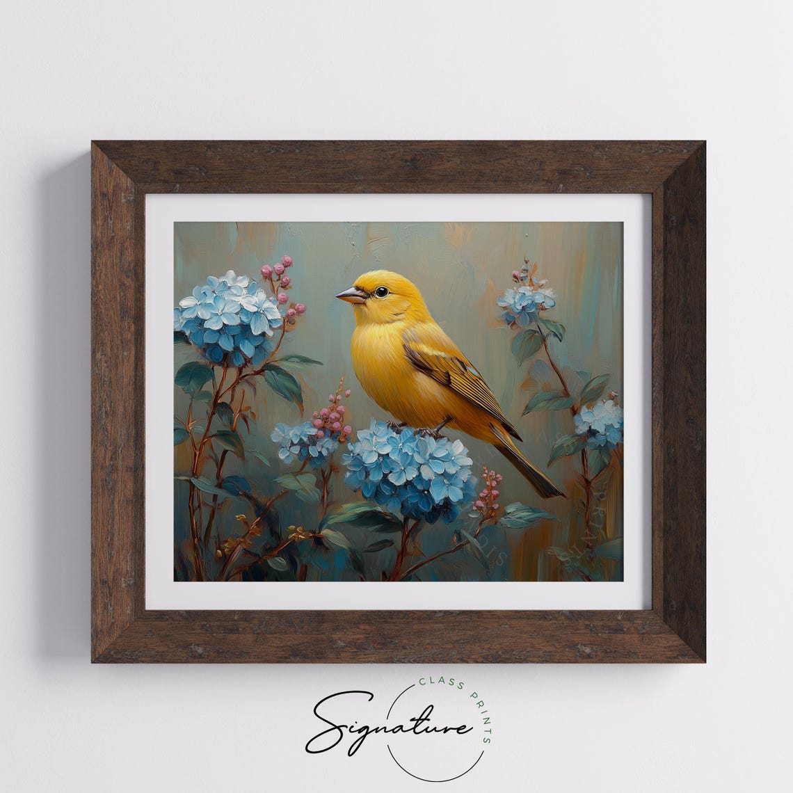 Goldfinch With Powder Blue Hydrangeas Vintage Spring Bird Wall Art - Image 3