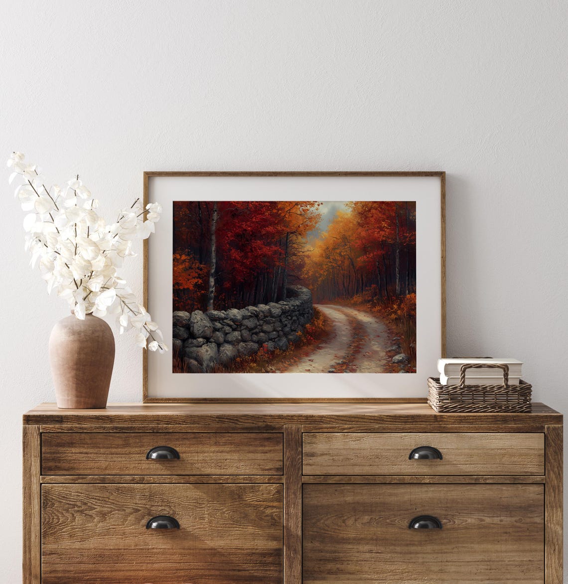 Dirt Road Old Stone Wall Red Maple Forest Autumn Painting Print - Image 3