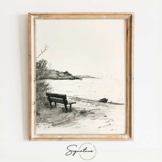 Lakeside Bench Overlooking Calm Cove Tranquil Water Sketch Poster