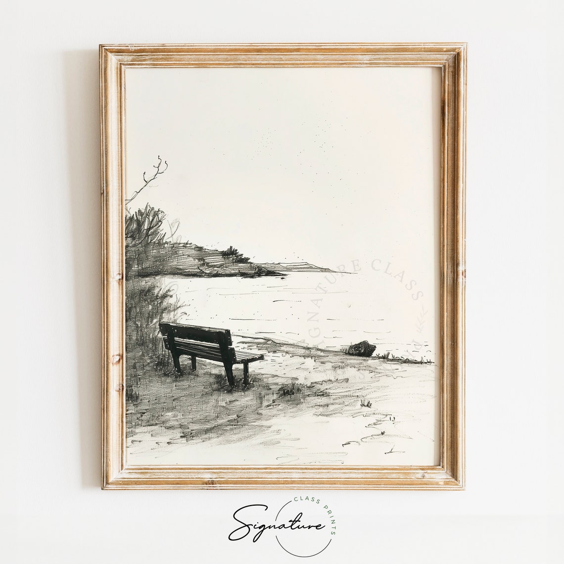 Lakeside Bench Overlooking Calm Cove Tranquil Water Sketch Poster