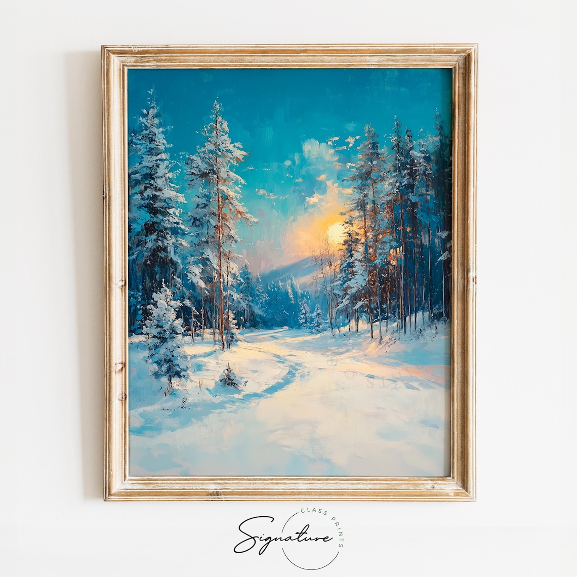Snowy Pine Forest at Dusk Blue Winter Landscape Oil Painting Print
