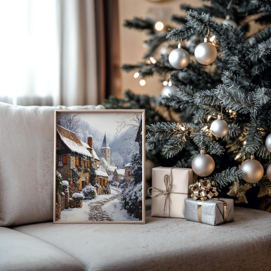 Snowy European Village Street with Church Spire Winter Poster - Image 5