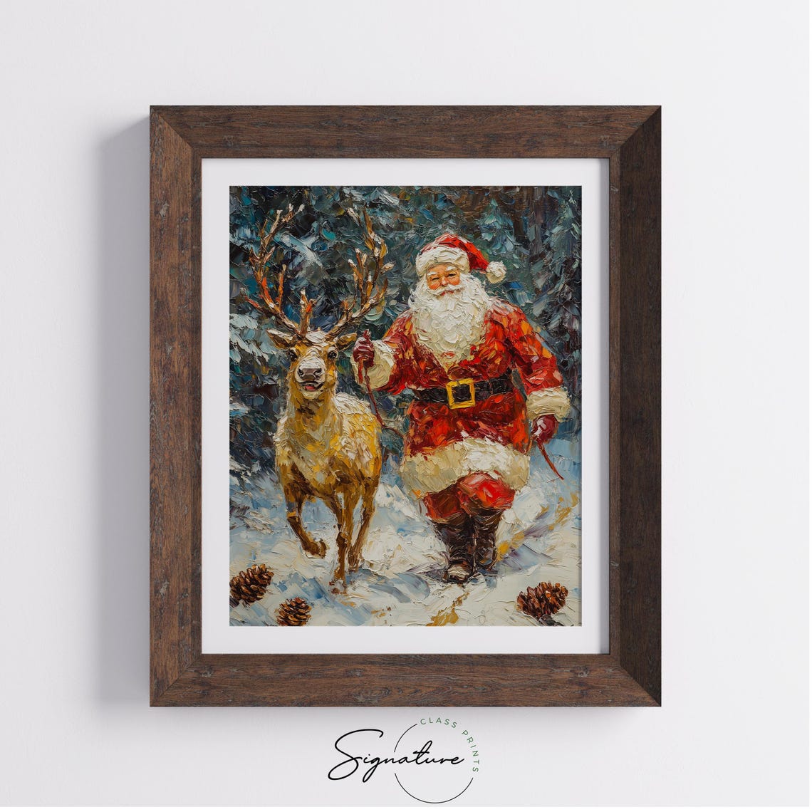 Santa Claus Walking With a Reindeer in a Snowy Forest Poster - Image 3