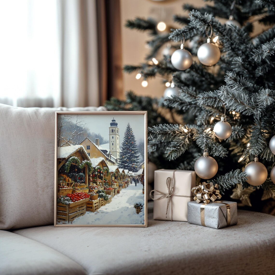 Snowy Christmas Market with Church Tower Stalls and Tree Poster - Image 5