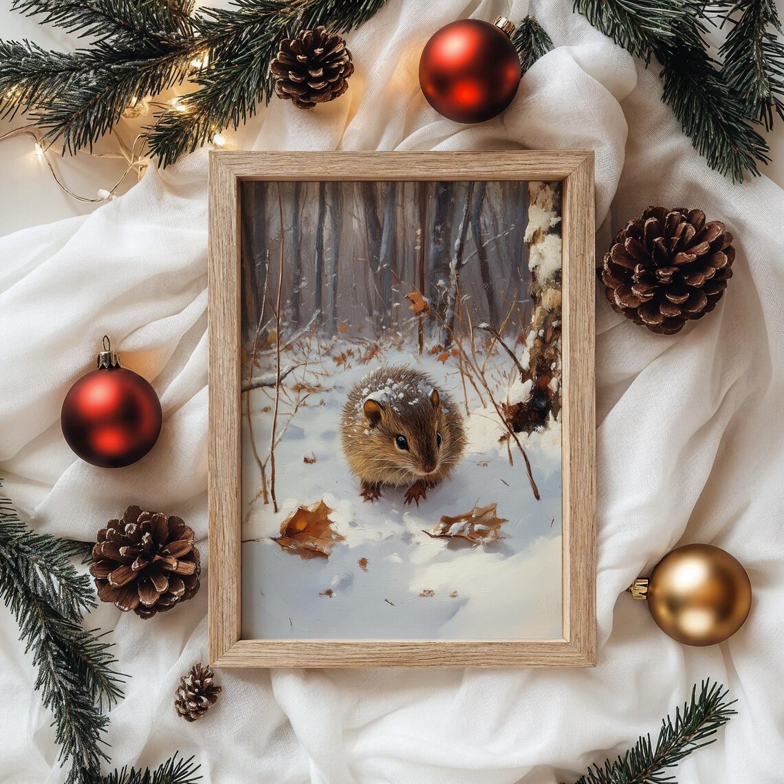 Cute Field Mouse Snowy Winter Forest Woodland Animal Oil Painting Poster - Image 4