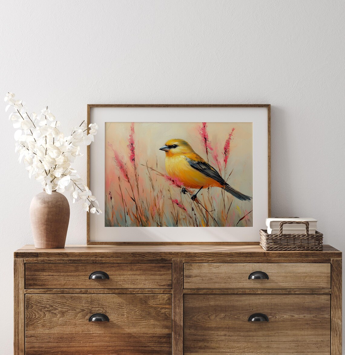 Bright Goldfinch In Meadow Grasses Pastel Vintage Bird Painting Poster - Image 2