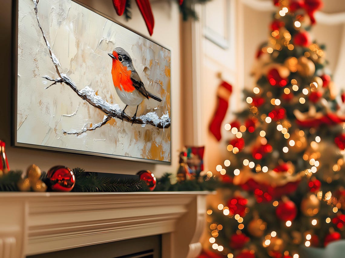 Cheerful Robin On Snowy Branch Winter Frame TV Art Bird Poster - Image 5