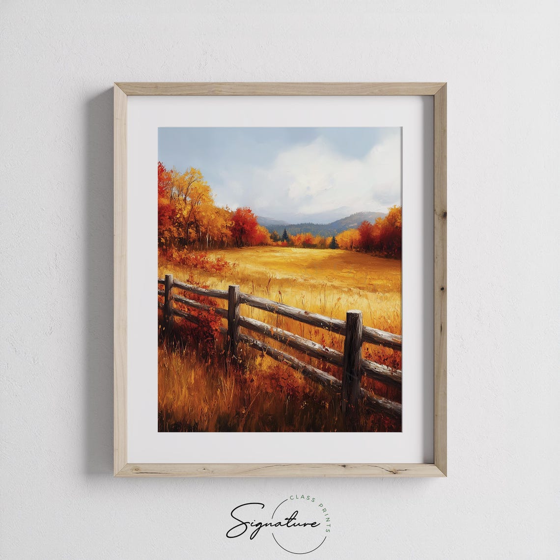 Autumn Meadow with Wooden Fence and Distant Mountain View Poster - Image 3