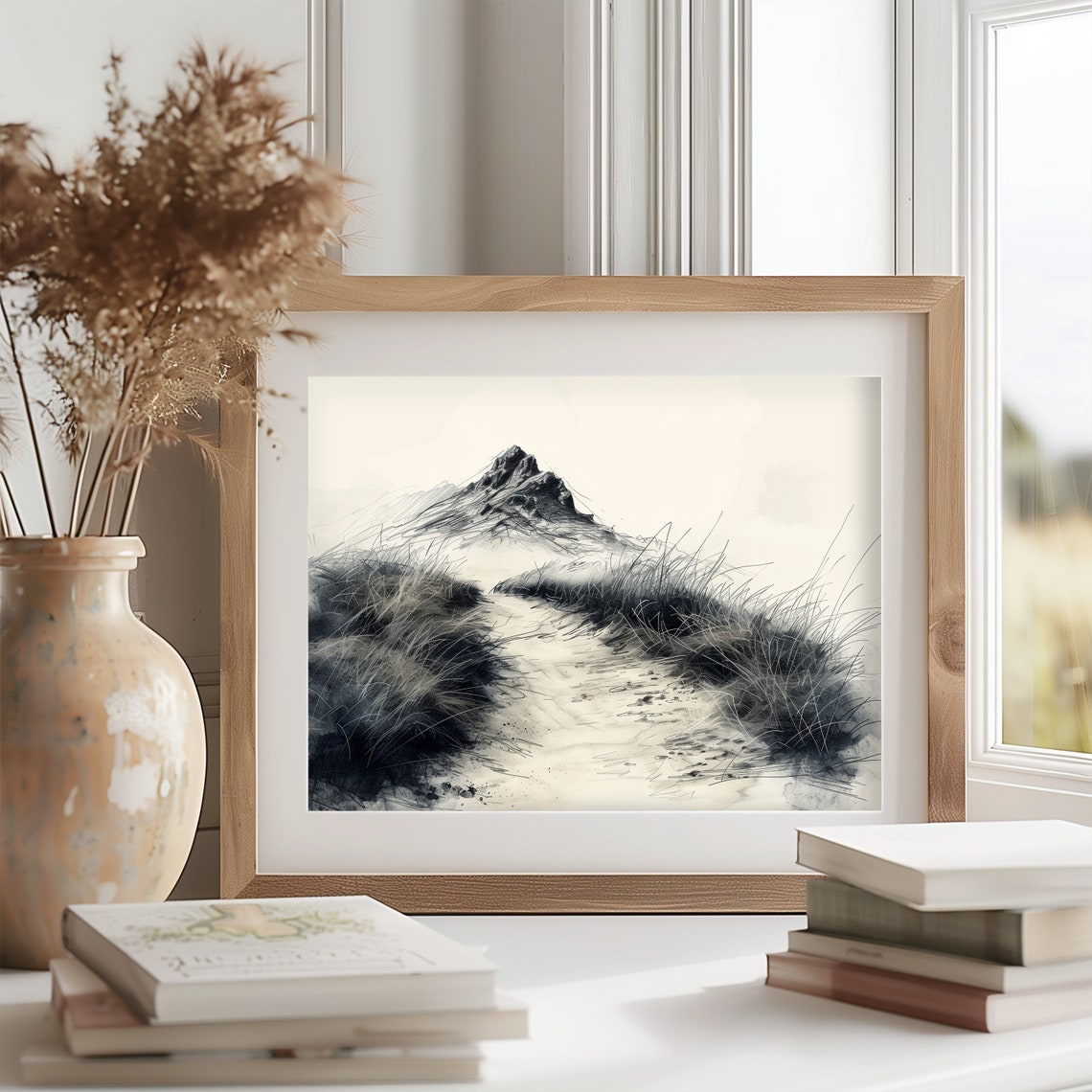 Mountain Trail Through Grasses Black Ink Wash Landscape Poster - Image 2