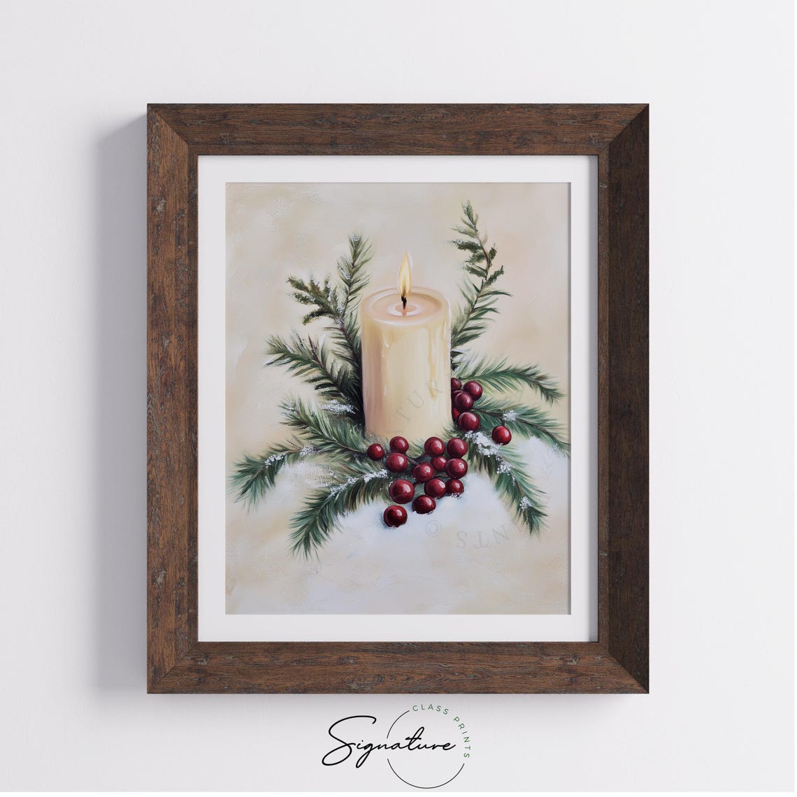 Lit Holiday Candle With Pine And Red Berries On Fresh Snow Poster - Image 2