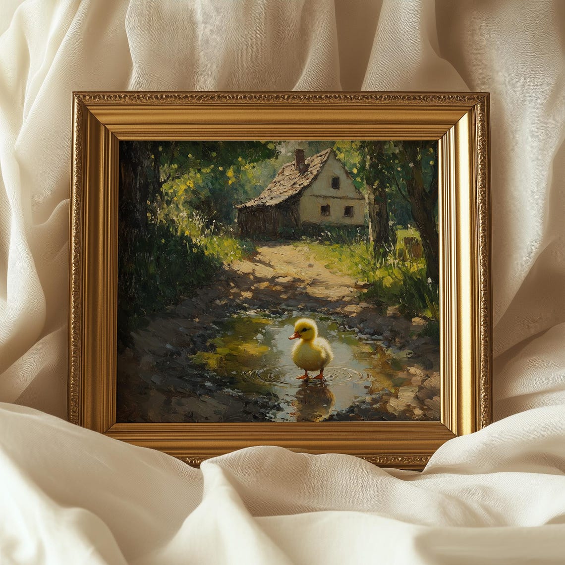 Duckling in Sunlit Puddle Farmhouse Path Spring Cottage Art Poster - Image 3