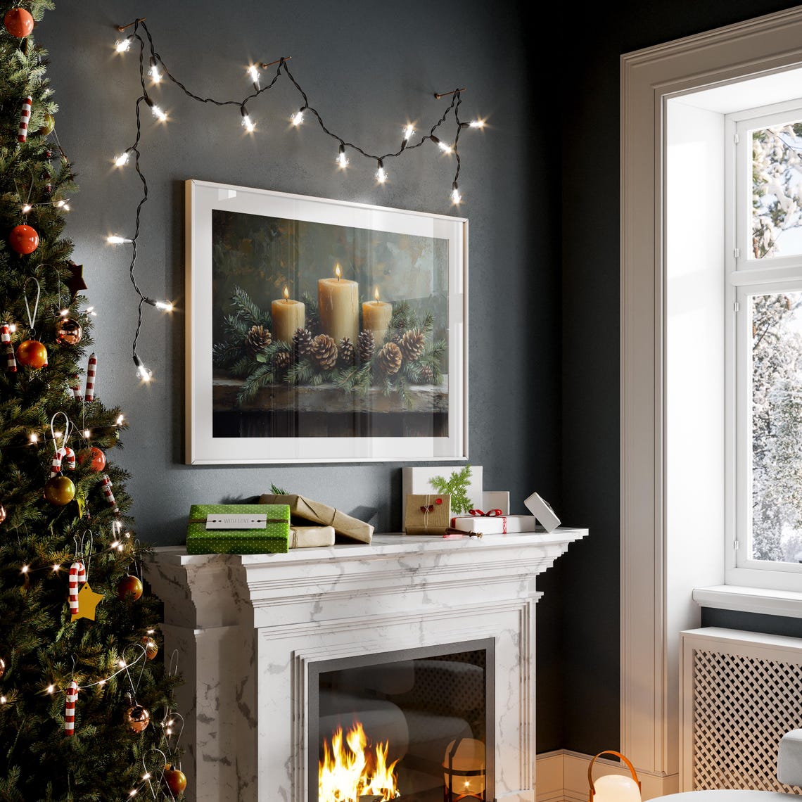 Glowing Pillar Candles with Pinecones and Evergreen Garland Poster - Image 4
