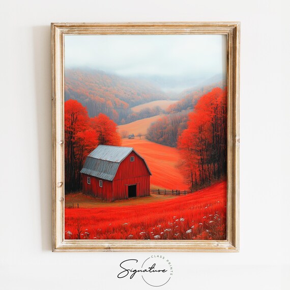 Red Barn In A Crimson Autumn Valley Under Misty Distant Hills Poster