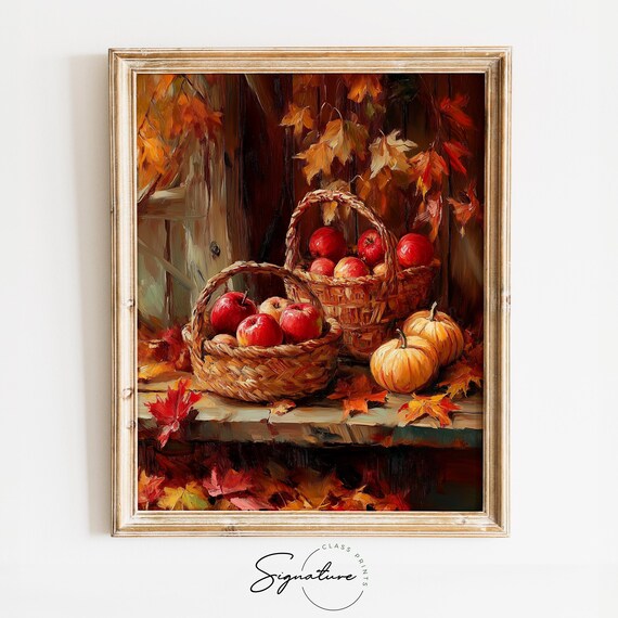 Harvest Baskets Red Apples Mini Pumpkins Fall Still Life Poster