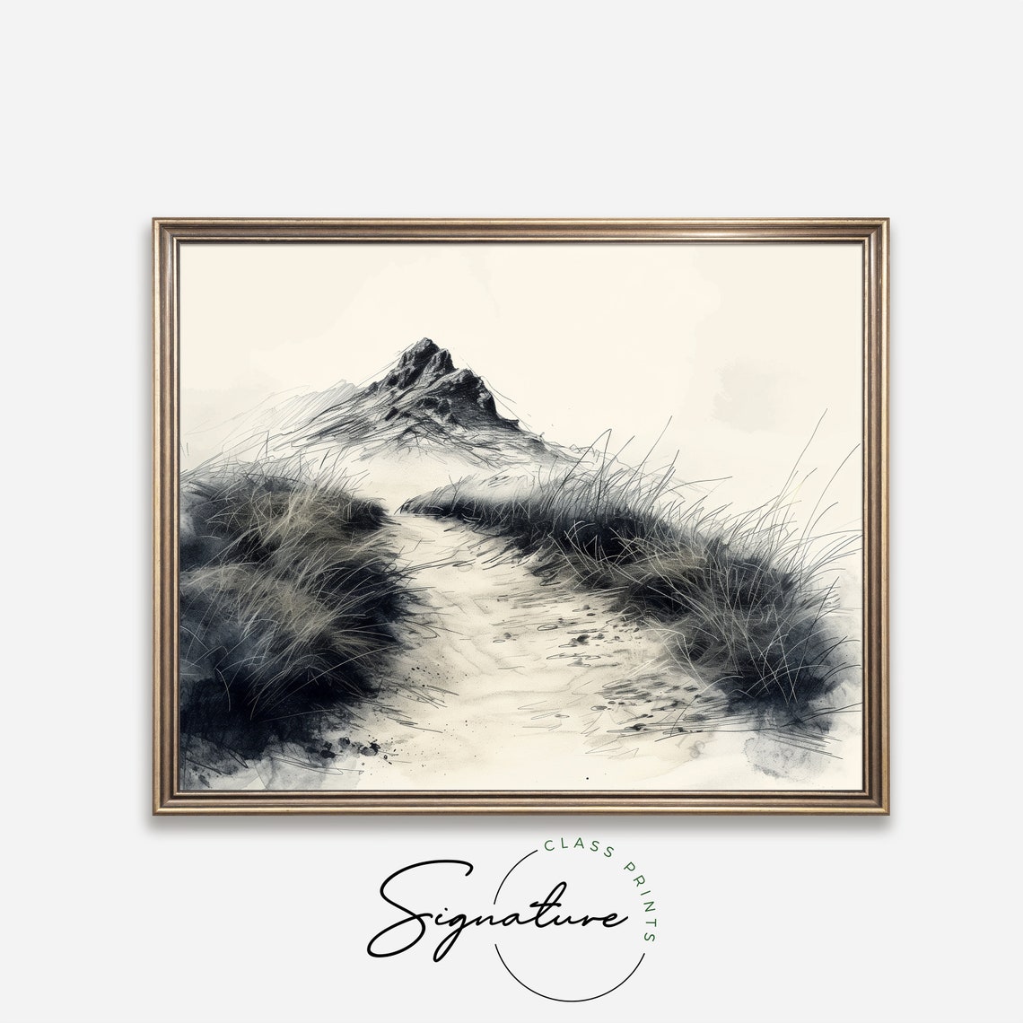 Mountain Trail Through Grasses Black Ink Wash Landscape Poster - Image 4