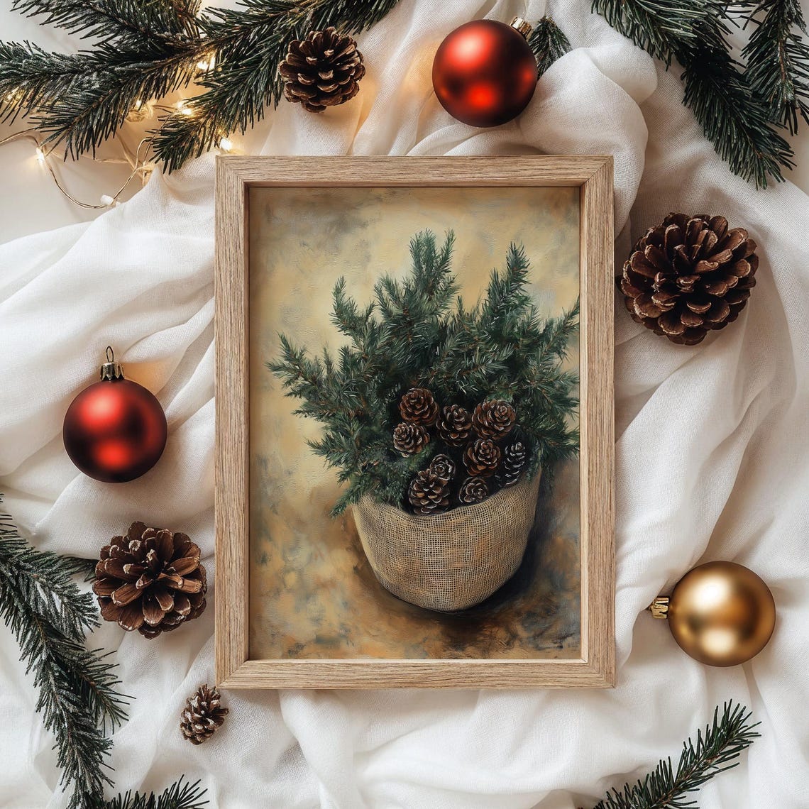 Potted Evergreen Tree with Pinecones in Burlap Pot Christmas Poster - Image 4
