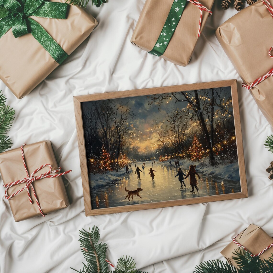 Children And A Dog Skating On A Frozen Lake At Dusk Lights Poster - Image 2