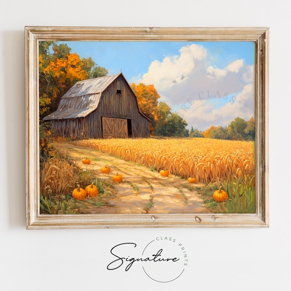 Wooden Barn Pumpkin Patch Harvest Field Golden Fall Farm Art Poster