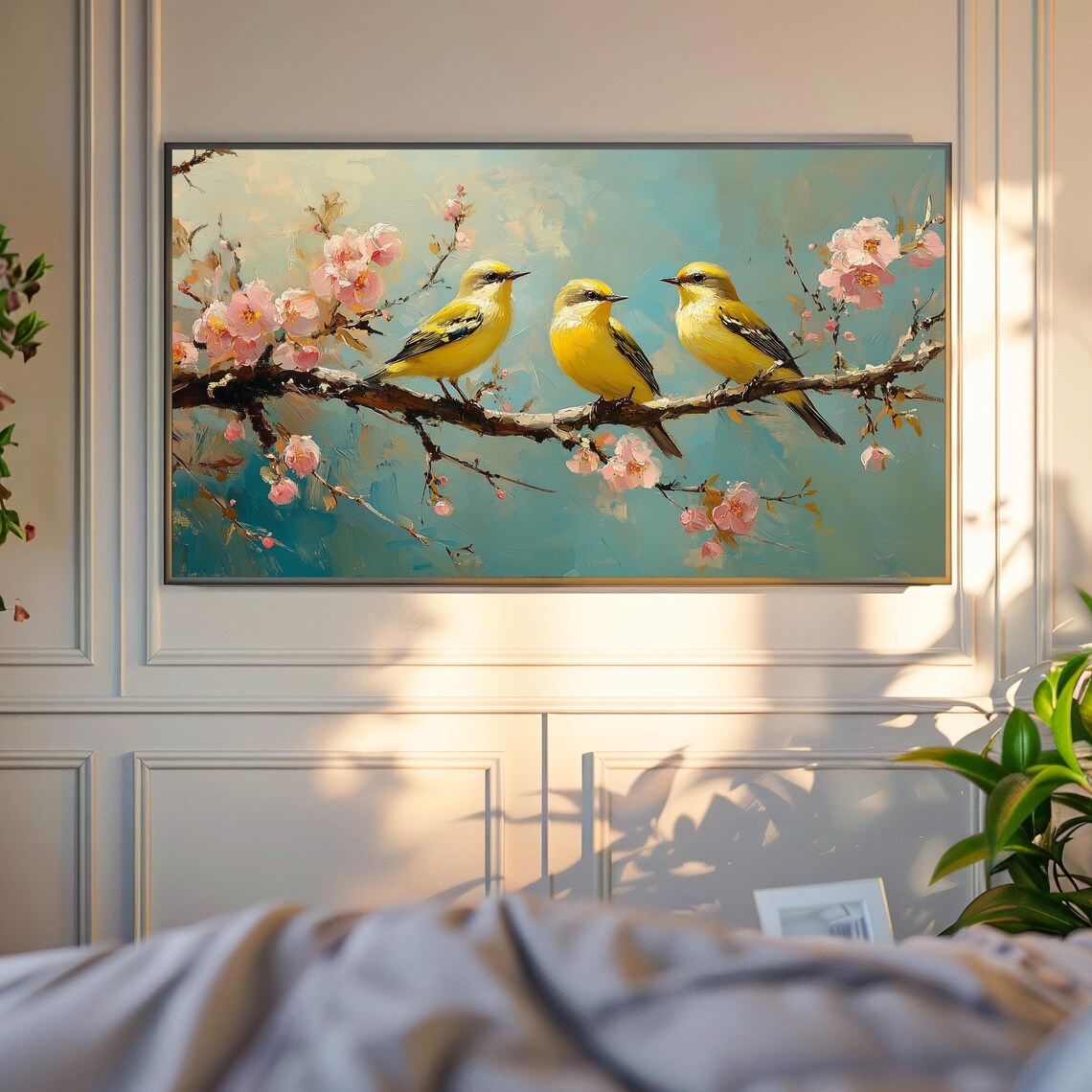 Goldcrest Trio On Blooming Cherry Branch Spring Bird Painting Art Poster - Image 4