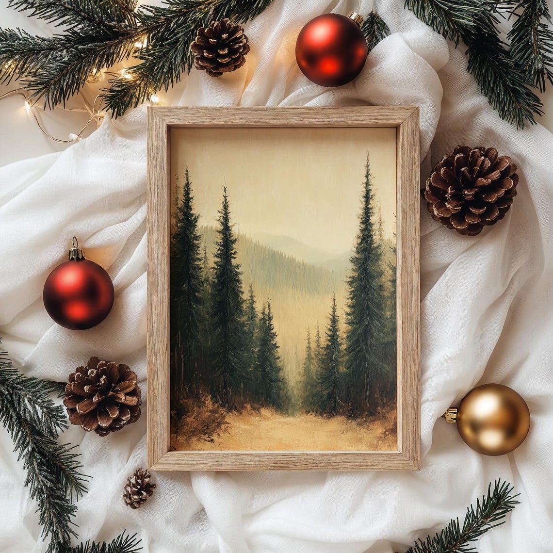 Misty Evergreen Forest in Warm Golden Haze Above Snowy Ground Poster - Image 4