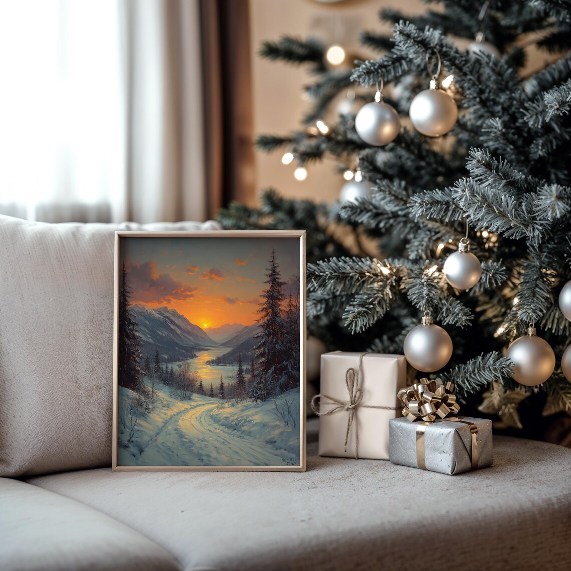 Sunset Reflecting On A Lake Between Snowy Peaks Oil Painting Style Poster - Image 5