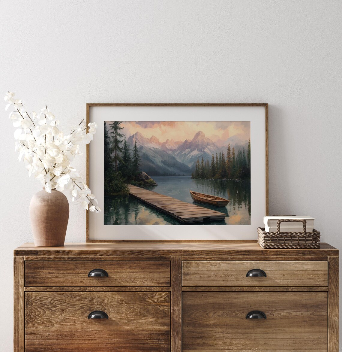 Alpine Lake Wooden Dock Rowboat Snowy Peaks Sunrise Landscape Painting - Image 4