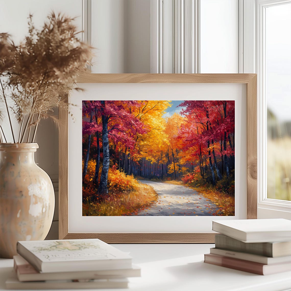 Autumn Forest Road Red Orange Trees Impasto Fall Landscape Wall Art - Image 2