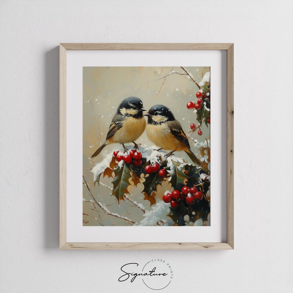 Two Chickadees With Holly And Berries On Snowy Branch Poster - Image 3