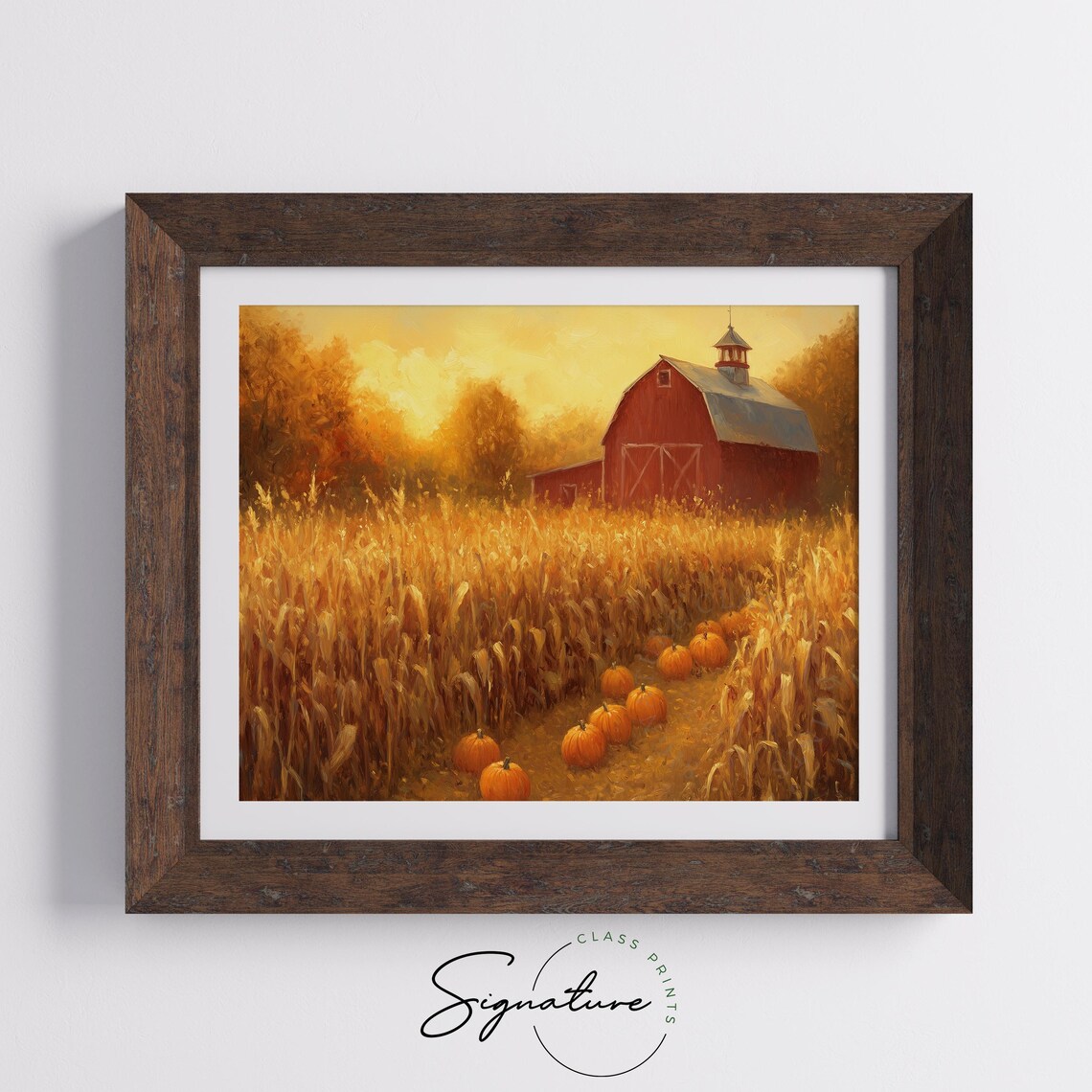 Red Barn Sunset Painting Golden Cornfield Pumpkins Autumn Fall Decor Poster - Image 5