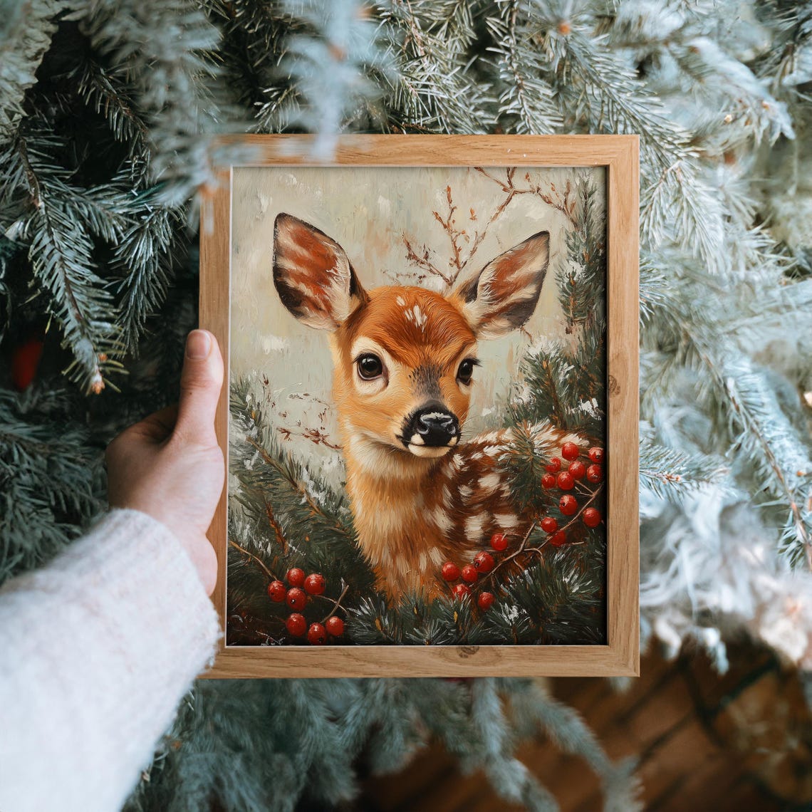 Fawn Among Pine Branches and Red Berries Winter Oil Painting Print - Image 6