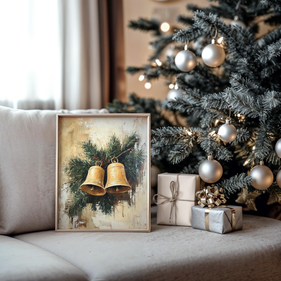 Pair of Golden Christmas Bells with Pine Branches Oil Painting Print - Image 5