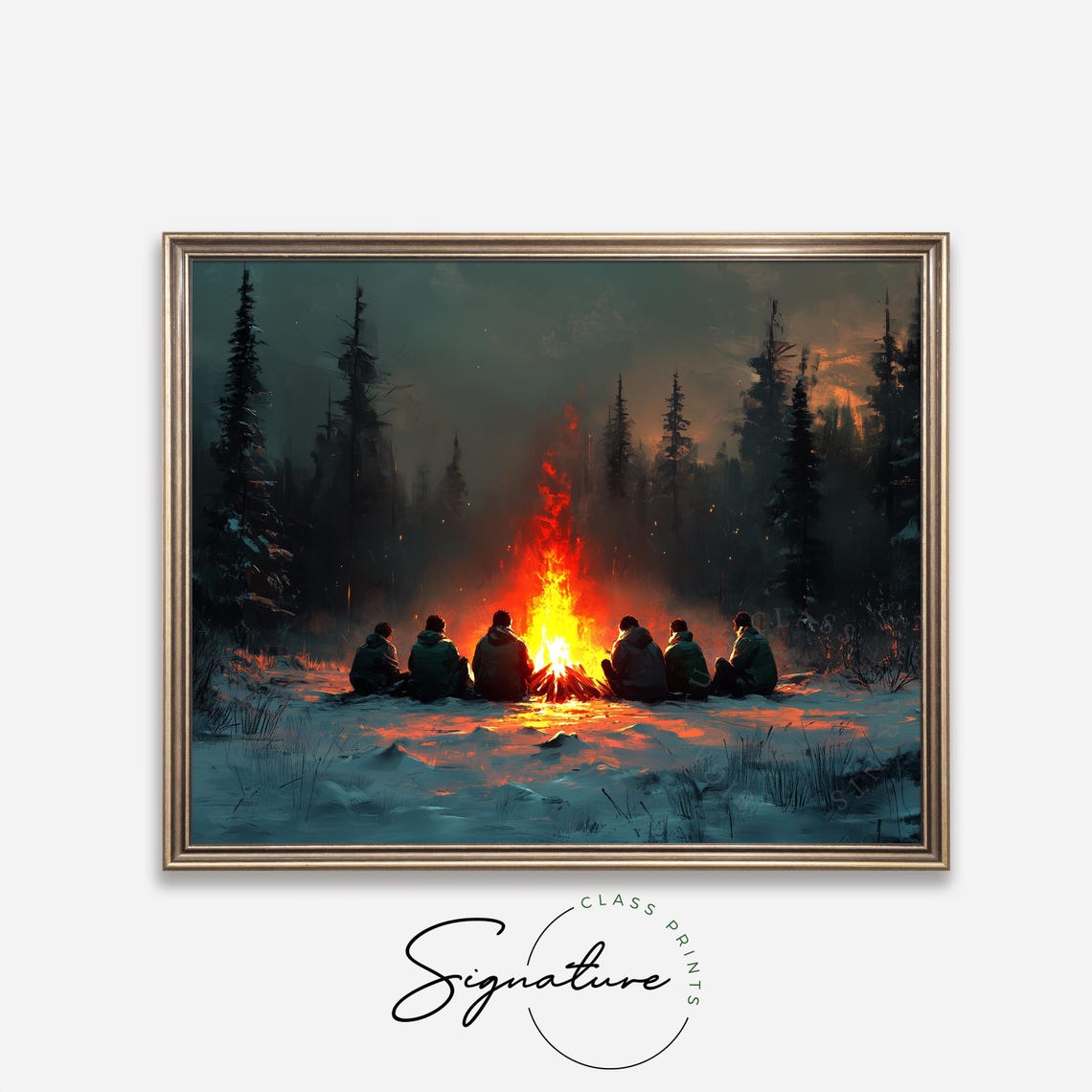 Friends Gathered Around Campfire In Snowy Night Forest Poster - Image 4