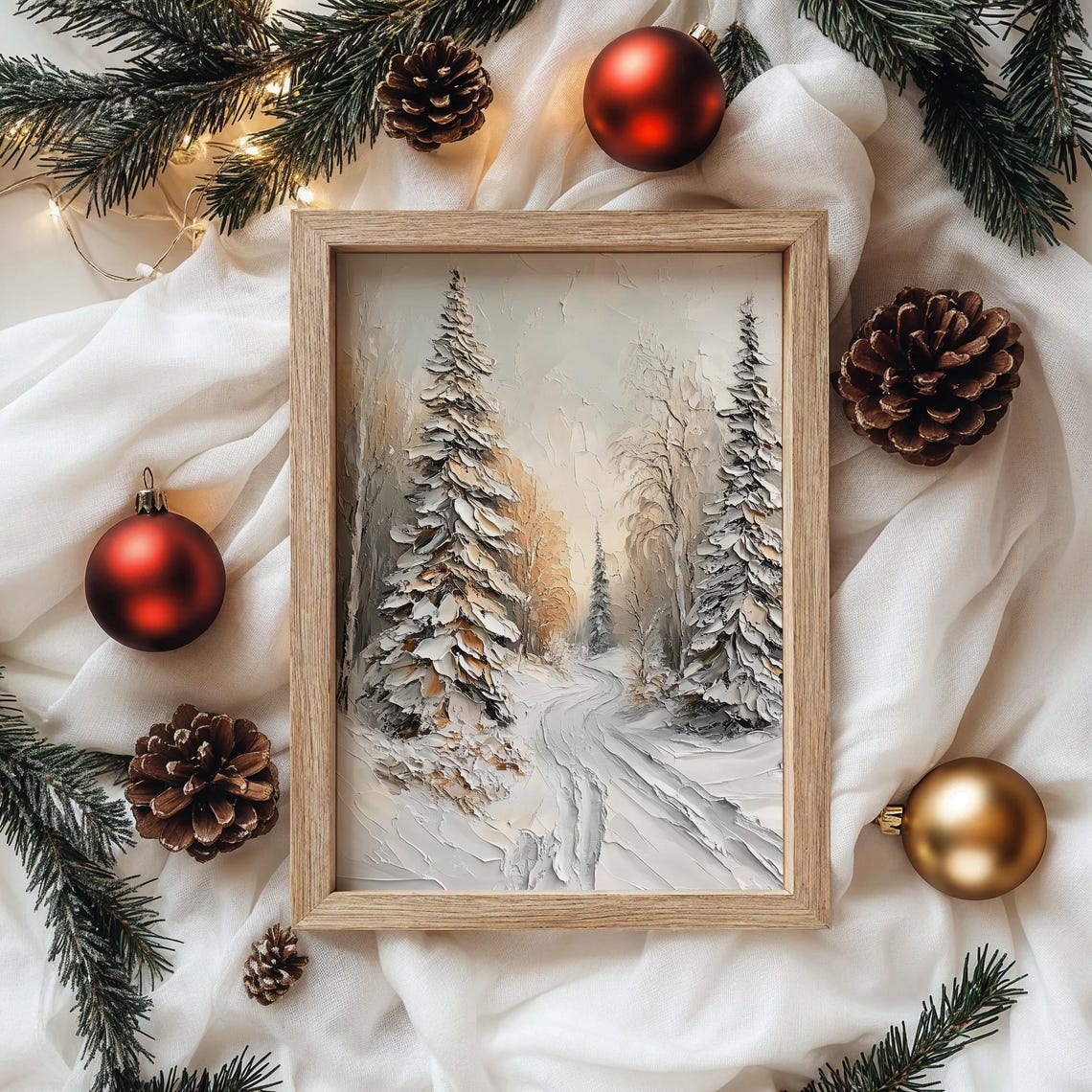 Thick Impasto Snowy Spruce Forest Path Textured Winter Poster - Image 4