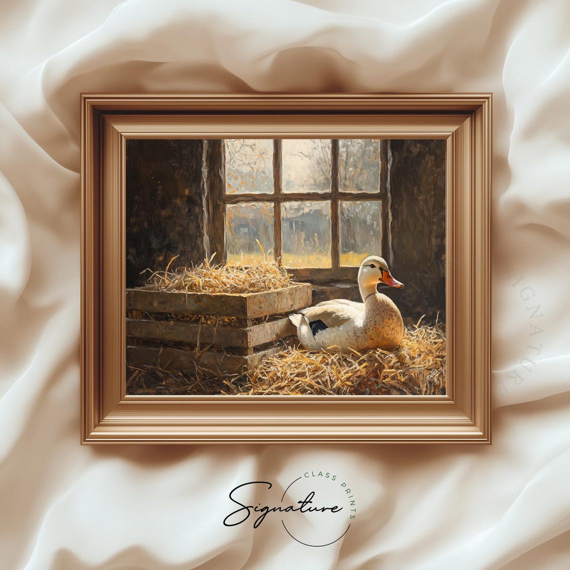 Duck Resting on Golden Straw Barn Interior Warm Rustic Farm Poster