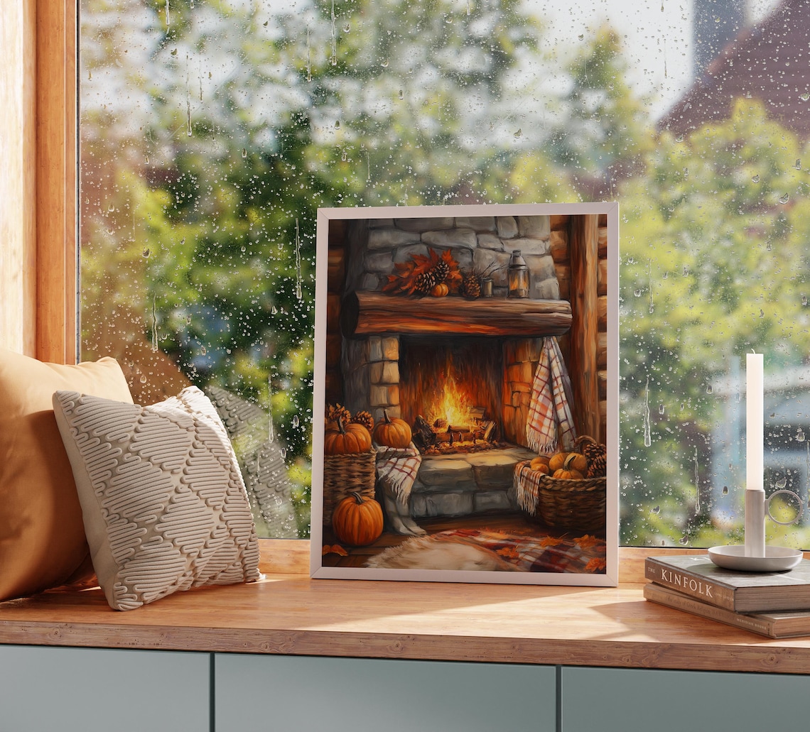 Rustic Stone Fireplace with Pumpkins Baskets and Cozy Fall Decor Poster - Image 2