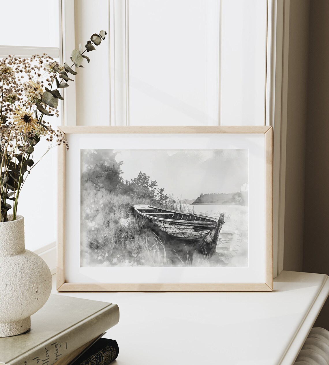 Abandoned Wooden Boat In Misty Reeds Riverbank Watercolor Art Poster - Image 6
