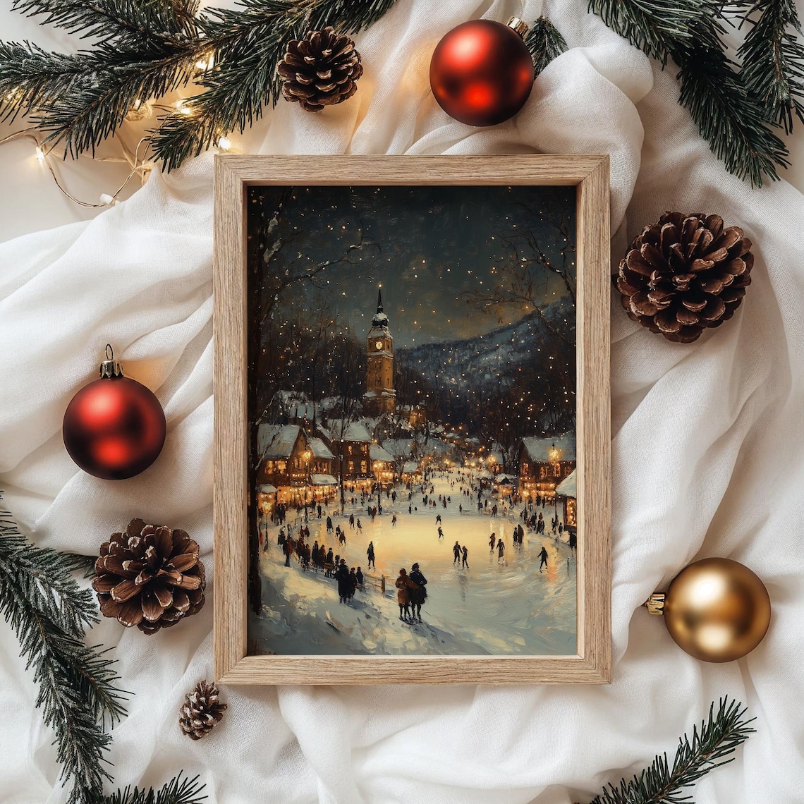 Winter Village Square With Ice Skating Rink Art Print - Image 4
