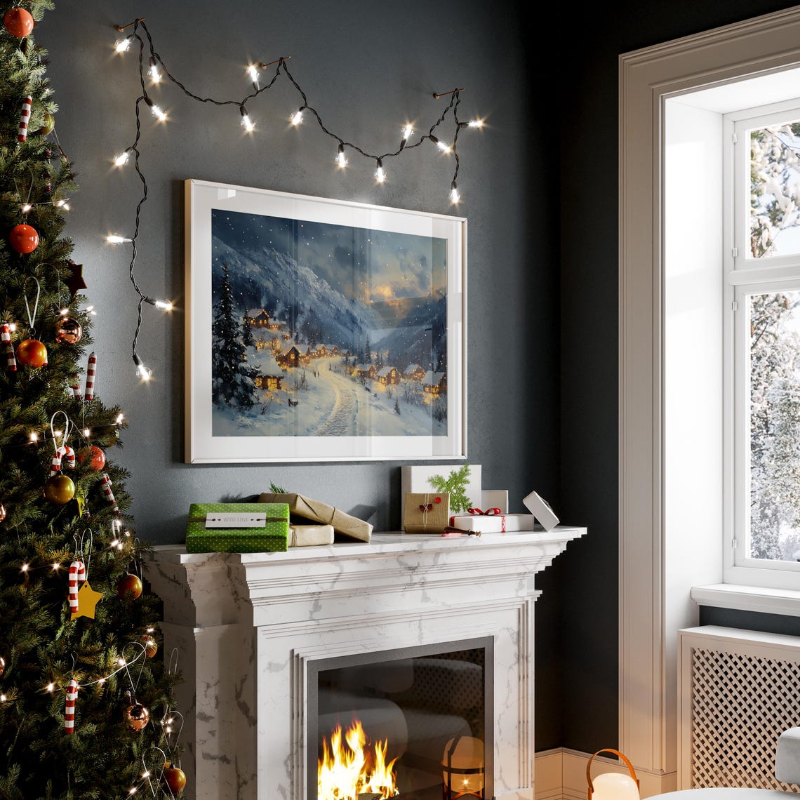 Snowy Christmas Village Night Lights Mountain Holiday Wall Art - Image 4
