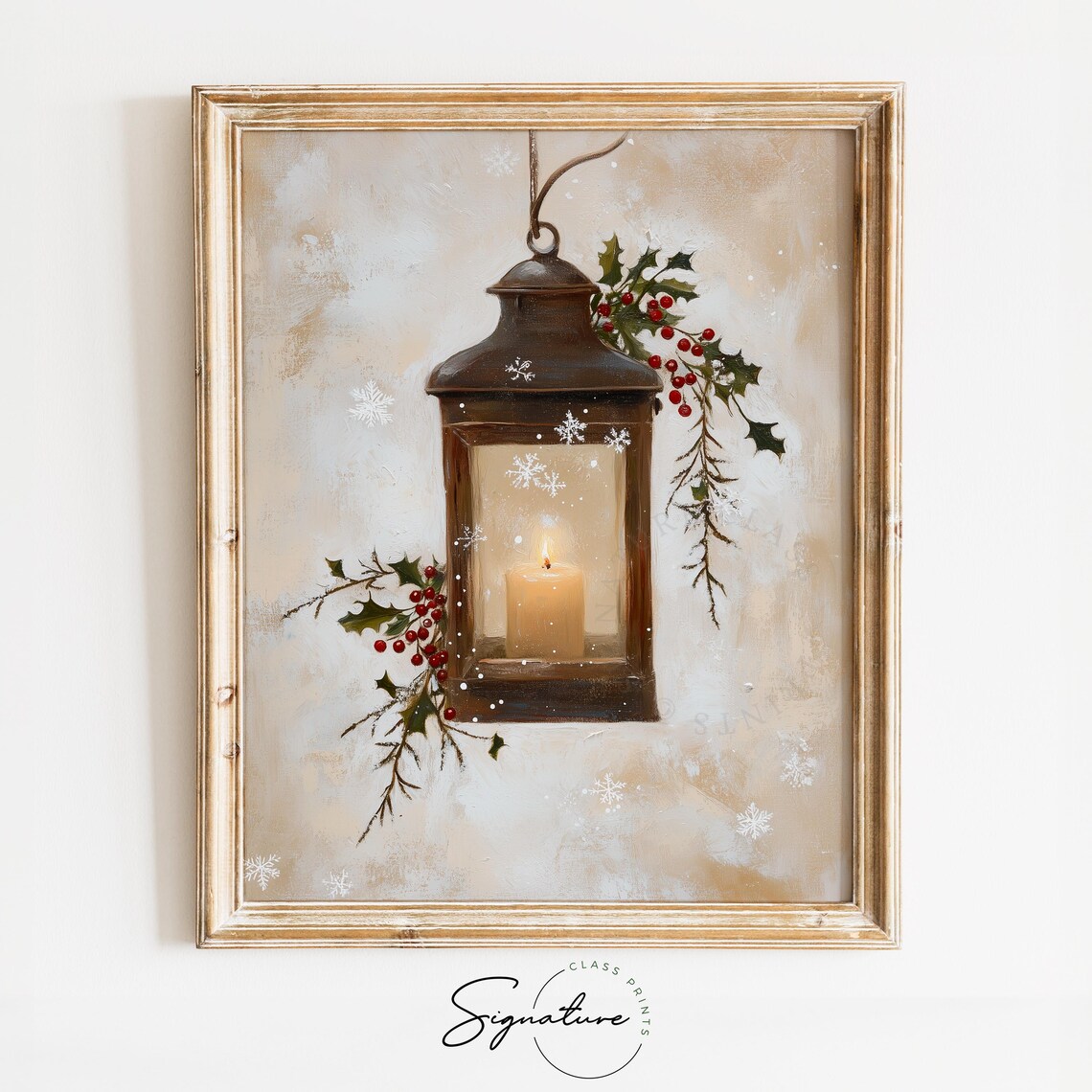 Hanging Lantern With Holly And Snowflakes Vintage Christmas Poster
