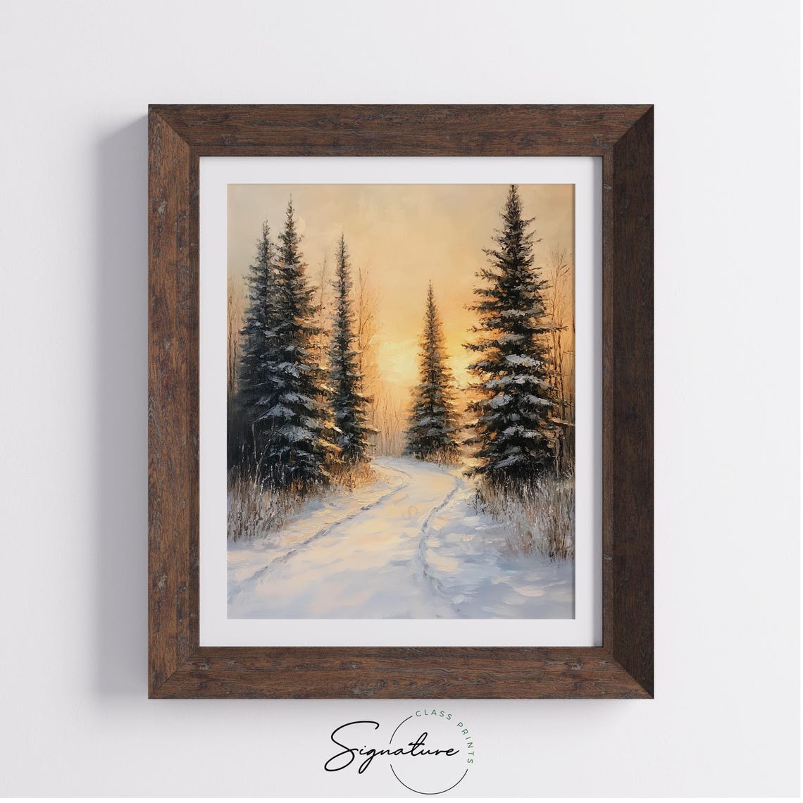 Golden Sunset Over Snowy Pine Forest Path Winter Glow Poster - Image 3