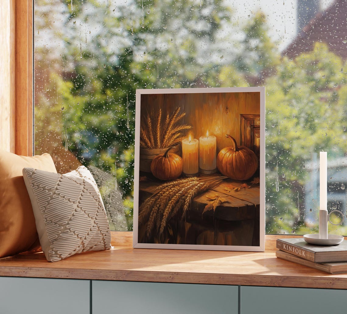 Glowing Candles With Pumpkins And Wheat Harvest Table Poster - Image 2