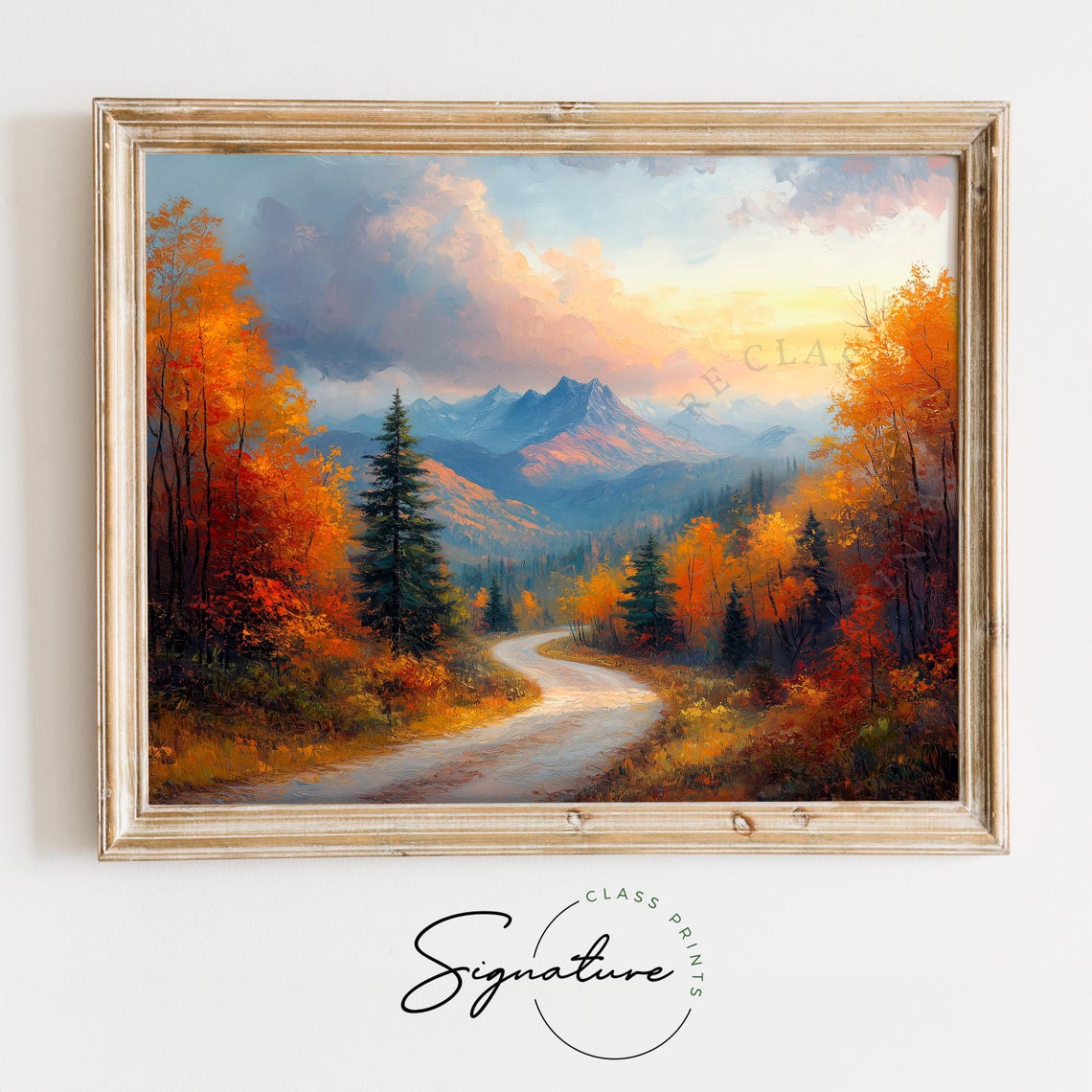 Winding Road Through Autumn Forest Toward Distant Peaks Poster