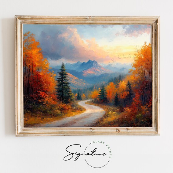 Winding Road Through Autumn Forest Toward Distant Peaks Poster