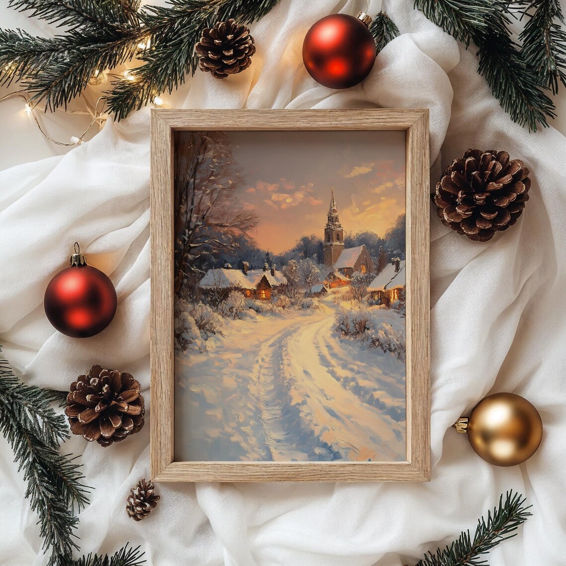 Snowy Village at Sunset with Church Steeple and Cottages Poster - Image 4