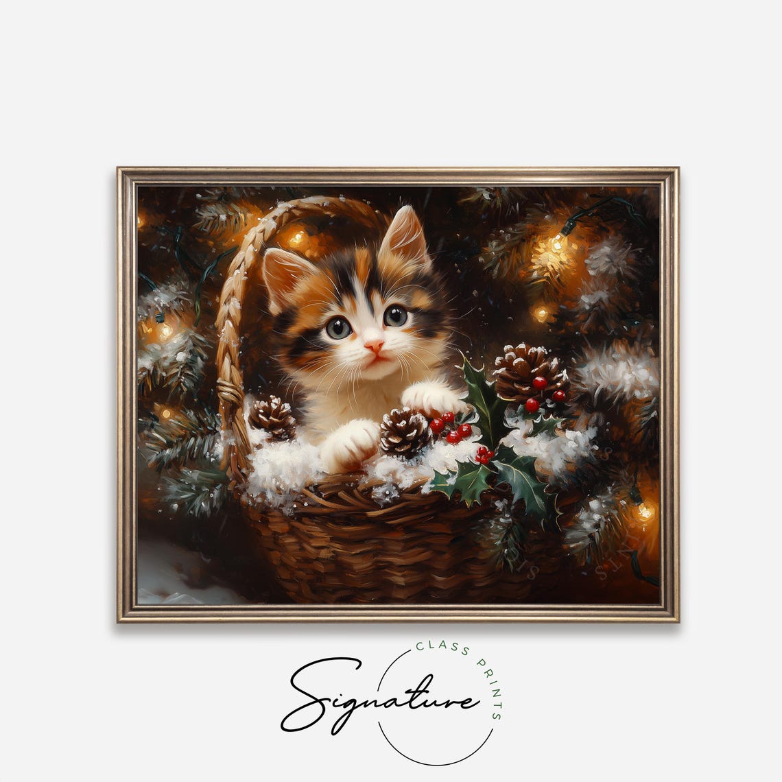 Calico Kitten in Wicker Basket with Holly Pinecones and Berries Poster - Image 4