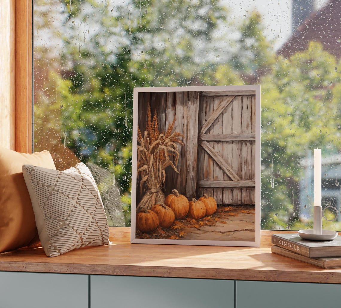 Rustic Barn Door Pumpkins Cornstalks Fall Harvest Scene Poster - Image 2