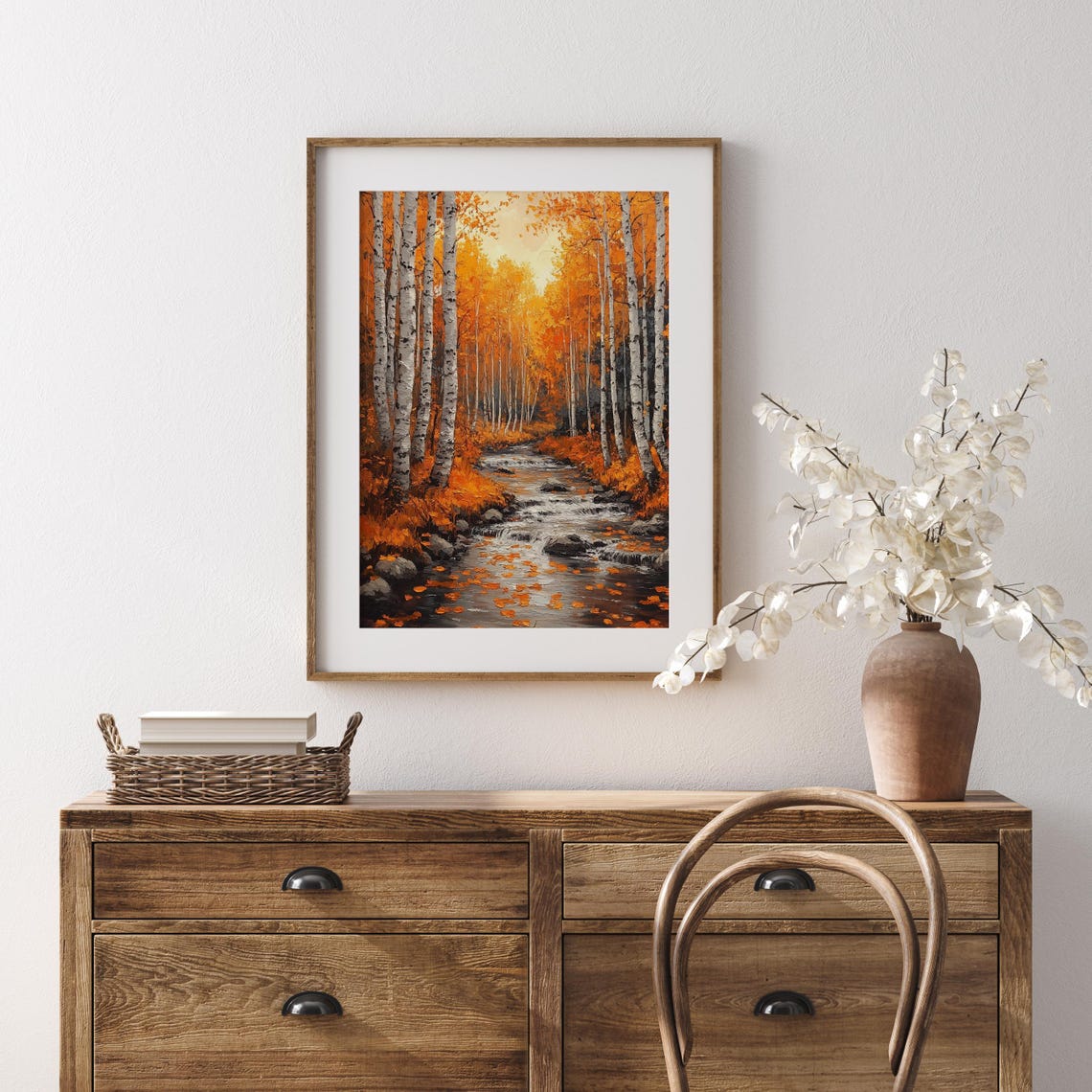 Autumn Birch Grove Mountain Stream White Trunks Orange Leaves Poster - Image 5