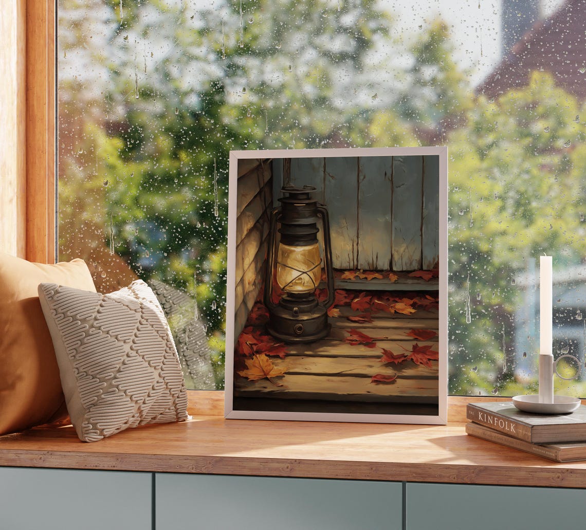 Lit Vintage Lantern On Wooden Porch With Red Autumn Leaves Poster - Image 2