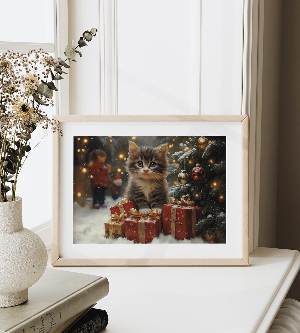 Tabby Kitten Among Red Christmas Gifts by Lit Tree at Night Poster - Image 6